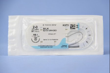 Picture of Suture with Needle Perma-Hand™ Nonabsorbable Coated Black Suture Braided Silk Size 2 - 0 30 Inch Suture 1-Needle 17 mm Length 1/2 Circle Taper Point NeedleK873H