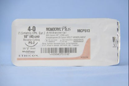 Picture of Antibacterial Suture with Needle Monocryl™ Plus Absorbable Uncoated Violet Suture Poliglecaprone 25 with Irgacare MP Antibacterial Suture Size 4 - 0 18 Inch Suture 1-Needle 19 mm Length 3/8 Circle Precision Point - Reverse Cutting NeedleMCP513G