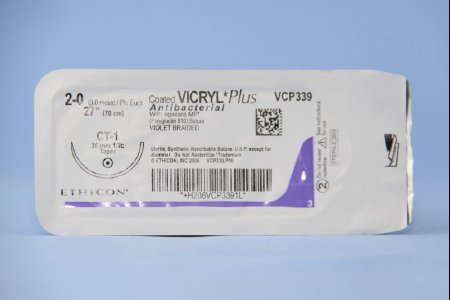 Picture of Antibacterial Suture with Needle Coated Vicryl™ Plus Absorbable Coated Violet Suture Braided Polyglactin 910 with Irgacare MP Antibacterial Suture Size 2 - 0 27 Inch Suture 1-Needle 36 mm Length 1/2 Circle Taper Point NeedleVCP339H
