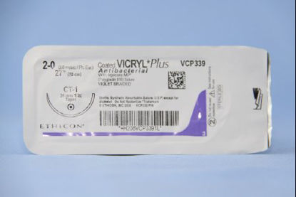 Picture of Antibacterial Suture with Needle Coated Vicryl™ Plus Absorbable Coated Violet Suture Braided Polyglactin 910 with Irgacare MP Antibacterial Suture Size 2 - 0 27 Inch Suture 1-Needle 36 mm Length 1/2 Circle Taper Point NeedleVCP339H