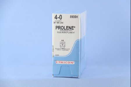 Picture of Suture with Needle Prolene™ Nonabsorbable Uncoated Blue Suture Monofilament Polypropylene Suture Size 4 - 0 36 Inch Suture Double-Armed 17 mm Length 1/2 Circle Taper Cut Needle8935H
