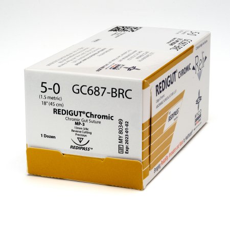 Picture of Suture with Needle Reli® Absorbable Uncoated Undyed Suture Chromic Gut Size 5 - 0 18 Inch Suture 1-Needle 13 mm Length 3/8 Circle Reverse Cutting Needle with Precision PointGC687-M