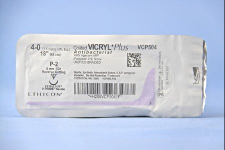 Picture of Antibacterial Suture with Needle Coated Vicryl™ Plus Absorbable Coated Undyed Suture Braided Polyglactin 910 with Irgacare MP Antibacterial Suture Size 4 - 0 18 Inch Suture 1-Needle 8 mm Length 1/2 Circle Precision Point - Reverse Cutting NeedleVCP504G