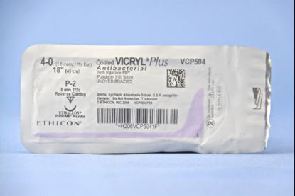 Picture of Antibacterial Suture with Needle Coated Vicryl™ Plus Absorbable Coated Undyed Suture Braided Polyglactin 910 with Irgacare MP Antibacterial Suture Size 4 - 0 18 Inch Suture 1-Needle 8 mm Length 1/2 Circle Precision Point - Reverse Cutting NeedleVCP504G