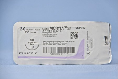 Picture of Antibacterial Suture with Needle Coated Vicryl™ Plus Absorbable Coated Violet Suture Braided Polyglactin 910 with Irgacare MP Antibacterial Suture Size 2 - 0 27 Inch Suture 1-Needle 26 mm Length 1/2 Circle Taper Point NeedleVCP317H