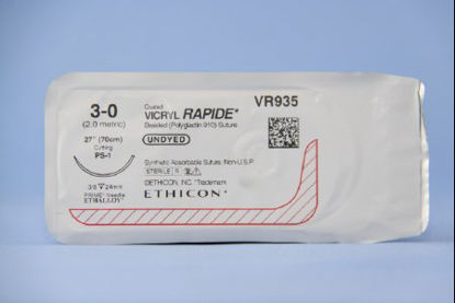 Picture of Suture with Needle Coated Vicryl™ Rapide Absorbable Coated Undyed Suture Braided Polyglactin 910 Size 3 - 0 27 Inch Suture 1-Needle 24 mm Length 3/8 Circle Precision Point - Reverse Cutting NeedleVR935