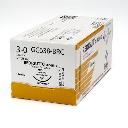 Picture of Suture with Needle Reli® Absorbable Uncoated Undyed Suture Chromic Gut Size 3 - 0 27 Inch Suture 1-Needle 24 mm Length 3/8 Circle Reverse Cutting NeedleGC638-M