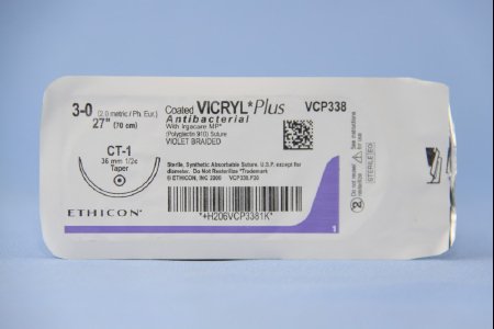 Picture of Antibacterial Suture with Needle Coated Vicryl™ Plus Absorbable Coated Violet Suture Braided Polyglactin 910 with Irgacare MP Antibacterial Suture Size 3 - 0 27 Inch Suture 1-Needle 36 mm Length 1/2 Circle Taper Point NeedleVCP338H