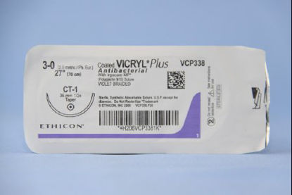 Picture of Antibacterial Suture with Needle Coated Vicryl™ Plus Absorbable Coated Violet Suture Braided Polyglactin 910 with Irgacare MP Antibacterial Suture Size 3 - 0 27 Inch Suture 1-Needle 36 mm Length 1/2 Circle Taper Point NeedleVCP338H