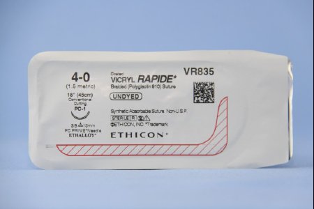 Picture of Suture with Needle Coated Vicryl™ Rapide Absorbable Coated Undyed Suture Braided Polyglactin 910 Size 4 - 0 18 Inch Suture 1-Needle 13 mm Length 3/8 Circle Precision Cosmetic - Conventional Cutting PRIME NeedleVR835