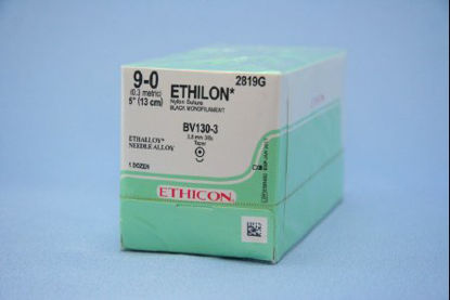 Picture of Suture with Needle Ethilon™ Nonabsorbable Uncoated Black Suture Monofilament Nylon Size 9 - 0 5 Inch Suture 1-Needle 3.8 mm Length 3/8 Circle Taper Point Needle2819G