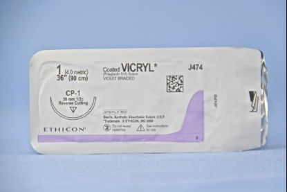 Picture of Suture with Needle Coated Vicryl™ Absorbable Coated Violet Suture Braided Polyglactin 910 Size 1 36 Inch Suture 1-Needle 36 mm Length 1/2 Circle Reverse Cutting NeedleJ474H