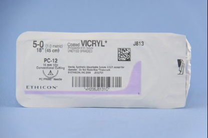 Picture of Suture with Needle Coated Vicryl™ Absorbable Coated Undyed Suture Braided Polyglactin 910 Size 5 - 0 18 Inch Suture 1-Needle 19 mm Length 1/2 Circle Conventional Cutting NeedleJ813G