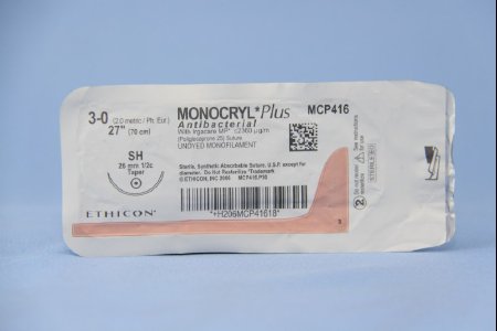 Picture of Antibacterial Suture with Needle Monocryl™ Plus Absorbable Uncoated Undyed Suture Poliglecaprone 25 with Irgacare MP Antibacterial Suture Size 3 - 0 27 Inch Suture 1-Needle 26 mm Length 1/2 Circle Taper Point NeedleMCP416H