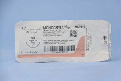 Picture of Antibacterial Suture with Needle Monocryl™ Plus Absorbable Uncoated Undyed Suture Poliglecaprone 25 with Irgacare MP Antibacterial Suture Size 3 - 0 27 Inch Suture 1-Needle 26 mm Length 1/2 Circle Taper Point NeedleMCP416H