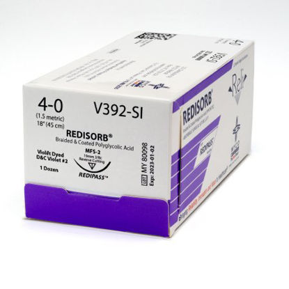 Picture of Suture with Needle Reli® Redisorb™ Absorbable Coated Violet Suture Braided Polyglycolic Acid Suture Size 4 - 0 18 Inch Suture 1-Needle 19 mm Length 3/8 Circle Reverse Cutting NeedleV392-M