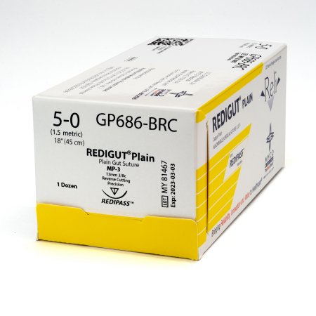 Picture of Suture with Needle Reli® Absorbable Uncoated Undyed Suture Plain Gut Size 5 - 0 18 Inch Suture 1-Needle 13 mm Length 3/8 Circle Reverse Cutting Needle with Precision PointGP686-M