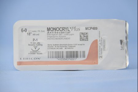 Picture of Antibacterial Suture with Needle Monocryl™ Plus Absorbable Uncoated Undyed Suture Poliglecaprone 25 with Irgacare MP Antibacterial Suture Size 6 - 0 18 Inch Suture 1-Needle 11 mm Length 3/8 Circle Reverse Cutting NeedleMCP489G