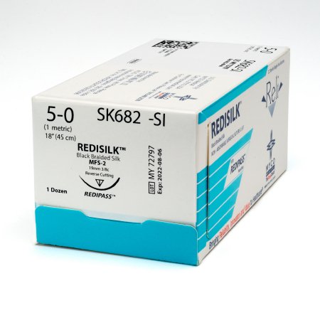 Picture of Suture with Needle Reli® Redisilk™ Nonabsorbable Uncoated Black Suture Braided Silk Size 5 - 0 18 Inch Suture 1-Needle 19 mm Length 3/8 Circle Reverse Cutting NeedleSK682-M