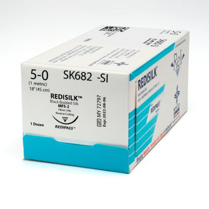Picture of Suture with Needle Reli® Redisilk™ Nonabsorbable Uncoated Black Suture Braided Silk Size 5 - 0 18 Inch Suture 1-Needle 19 mm Length 3/8 Circle Reverse Cutting NeedleSK682-M