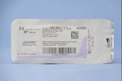 Picture of Antibacterial Suture without Needle Coated Vicryl™ Plus Braided Polyglactin 910 with Irgacare MP Antibacterial Suture Absorbable Coated Size 3 - 0 54 Inch SutureVCP285G