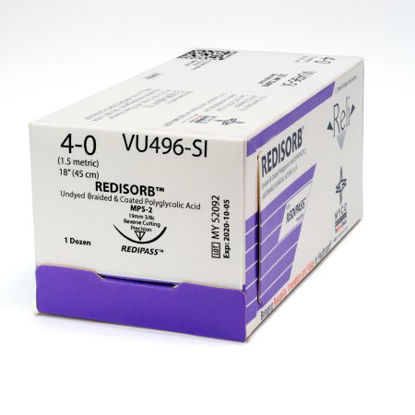 Picture of Suture with Needle Reli® Redisorb™ Absorbable Coated Undyed Suture Braided Polyglycolic Acid Suture Size 4 - 0 18 Inch Suture 1-Needle 19 mm Length 3/8 Circle Precision Reverse Cutting NeedleVU496-M