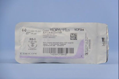 Picture of Antibacterial Suture with Needle Coated Vicryl™ Plus Absorbable Coated Violet Suture Braided Polyglactin 910 with Irgacare MP Antibacterial Suture Size 4 - 0 27 Inch Suture 1-Needle 17 mm Length 1/2 Circle Taper Point NeedleVCP304H