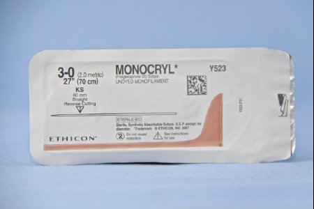 Picture of Suture with Needle Monocryl™ Absorbable Uncoated Undyed Suture Monofilament Poliglecaprone Size 3 - 0 27 Inch Suture 1-Needle 60 mm Length Straight Conventional Cutting NeedleY523H