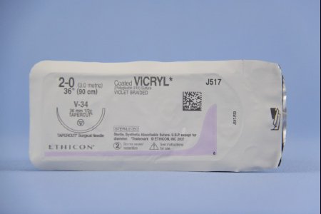 Picture of Suture with Needle Coated Vicryl™ Absorbable Coated Violet Suture Braided Polyglactin 910 Size 2 - 0 36 Inch Suture 1-Needle 36.4 mm Length 1/2 Circle Taper Point Cutting NeedleJ517H