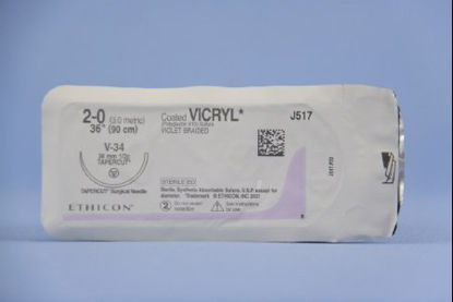Picture of Suture with Needle Coated Vicryl™ Absorbable Coated Violet Suture Braided Polyglactin 910 Size 2 - 0 36 Inch Suture 1-Needle 36.4 mm Length 1/2 Circle Taper Point Cutting NeedleJ517H