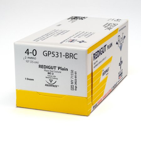 Picture of Suture with Needle Reli® Absorbable Uncoated Undyed Suture Plain Gut Size 4 - 0 10 Inch Suture 1-Needle 13 mm Length 3/8 Circle Reverse Cutting NeedleGP531-M