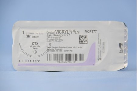 Picture of Antibacterial Suture with Needle Coated Vicryl™ Plus Absorbable Coated Undyed Suture Braided Polyglactin 910 with Irgacare MP Antibacterial Suture Size 1 36 Inch Suture 1-Needle 48 mm Length 1/2 Circle Taper Point NeedleVCP977H