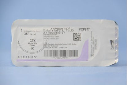 Picture of Antibacterial Suture with Needle Coated Vicryl™ Plus Absorbable Coated Undyed Suture Braided Polyglactin 910 with Irgacare MP Antibacterial Suture Size 1 36 Inch Suture 1-Needle 48 mm Length 1/2 Circle Taper Point NeedleVCP977H