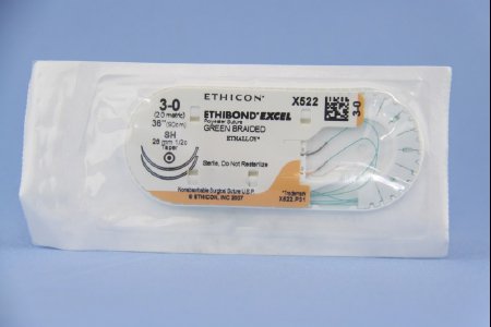 Picture of Suture with Needle Ethibond Nonabsorbable Coated Green Suture Braided Polyester Size 3 - 0 36 Inch Suture Double-Armed 26 mm Length 1/2 Circle Taper Point NeedleX522H
