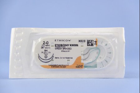Picture of Suture with Needle Ethibond Nonabsorbable Coated Green Suture Braided Polyester Size 2 - 0 36 Inch Suture Double-Armed 26 mm Length 1/2 Circle Taper Point NeedleX523H