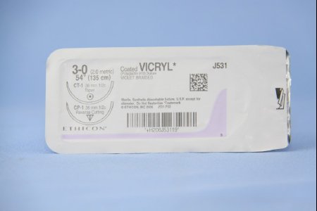 Picture of Suture with Needle Coated Vicryl™ Absorbable Coated Violet Suture Braided Polyglactin 910 Size 3 - 0 54 Inch Suture Double-Armed 36 mm Length 1/2 Circle Taper Point NeedleJ531H