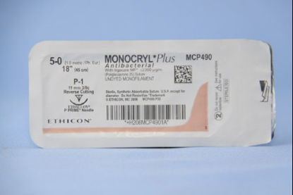 Picture of Antibacterial Suture with Needle Monocryl™ Plus Absorbable Uncoated Undyed Suture Poliglecaprone 25 with Irgacare MP Antibacterial Suture Size 5 - 0 18 Inch Suture 1-Needle 11 mm Length 3/8 Circle Reverse Cutting NeedleMCP490G