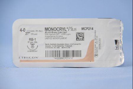 Picture of Antibacterial Suture with Needle Monocryl™ Plus Absorbable Uncoated Undyed Suture Poliglecaprone 25 with Irgacare MP Antibacterial Suture Size 4 - 0 27 Inch Suture 1-Needle 17 mm Length 1/2 Circle Taper Point NeedleMCP214H
