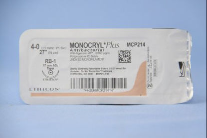 Picture of Antibacterial Suture with Needle Monocryl™ Plus Absorbable Uncoated Undyed Suture Poliglecaprone 25 with Irgacare MP Antibacterial Suture Size 4 - 0 27 Inch Suture 1-Needle 17 mm Length 1/2 Circle Taper Point NeedleMCP214H