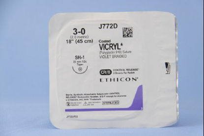 Picture of Suture with Needle Coated Vicryl™ Absorbable Coated Violet Suture Braided Polyglactin 910 Size 3 - 0 18 Inch Suture 1-Needle 22 mm Length 1/2 Circle Taper Point NeedleJ772D