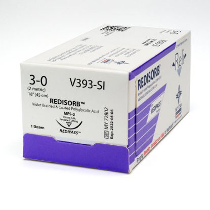 Picture of Suture with Needle Reli® Redisorb™ Absorbable Uncoated Violet Suture Braided Polyglycolic Acid Suture Size 3 - 0 18 Inch Suture 1-Needle 19 mm Length 3/8 Circle Reverse Cutting NeedleV393-M