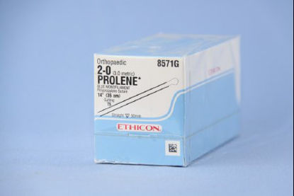 Picture of Suture with Needle Prolene™ Nonabsorbable Uncoated Blue Suture Monofilament Polypropylene Suture Size 2 - 0 14 Inch Suture Double-Armed 48 mm Length Straight Conventional Cutting Needle8571G