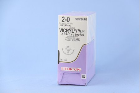 Picture of Antibacterial Suture with Needle Coated Vicryl™ Plus Absorbable Coated Violet Suture Braided Polyglactin 910 with Irgacare MP Antibacterial Suture Size 2 - 0 36 Inch Suture 1-Needle 36 mm Length 1/2 Circle Taper Point NeedleVCP345H