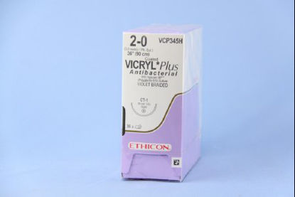 Picture of Antibacterial Suture with Needle Coated Vicryl™ Plus Absorbable Coated Violet Suture Braided Polyglactin 910 with Irgacare MP Antibacterial Suture Size 2 - 0 36 Inch Suture 1-Needle 36 mm Length 1/2 Circle Taper Point NeedleVCP345H