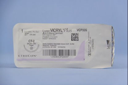 Picture of Antibacterial Suture with Needle Coated Vicryl™ Plus Absorbable Coated Violet Suture Braided Polyglactin 910 with Irgacare MP Antibacterial Suture Size 1 27 Inch Suture 1-Needle 26 mm Length 1/2 Circle Taper Point NeedleVCP335H