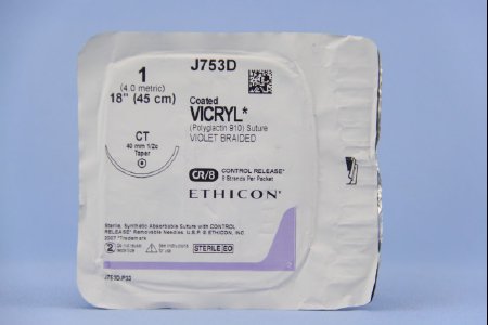 Picture of Suture with Needle Coated Vicryl™ Absorbable Coated Violet Suture Braided Polyglactin 910 Size 1 18 Inch Suture 1-Needle 40 mm Length 1/2 Circle Taper Point NeedleJ753D