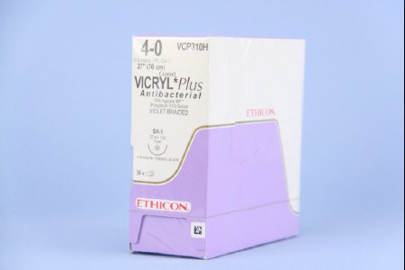 Picture of Antibacterial Suture with Needle Coated Vicryl™ Plus Absorbable Coated Violet Suture Braided Polyglactin 910 with Irgacare MP Antibacterial Suture Size 4 - 0 27 Inch Suture 1-Needle 22 mm Length 1/2 Circle Taper Point NeedleVCP310H