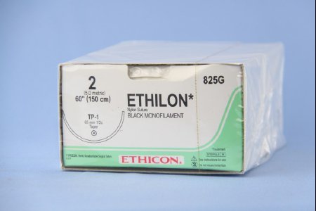 Picture of Suture with Needle Ethilon™ Nonabsorbable Uncoated Black Suture Monofilament Nylon Size 2 60 Inch Suture Double-Armed 65 mm Length 1/2 Circle Taper Point Needle825G