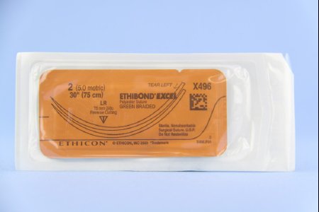 Picture of Suture with Needle Ethibond Nonabsorbable Coated Green Suture Braided Polyester Size 2 30 Inch Suture Double-Armed 75 mm Length 3/8 Circle Reverse Cutting NeedleX496T