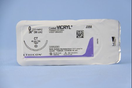 Picture of Suture with Needle Coated Vicryl™ Absorbable Coated Violet Suture Braided Polyglactin 910 Size 0 36 Inch Suture 1-Needle 40 mm Length 1/2 Circle Taper Point NeedleJ358H